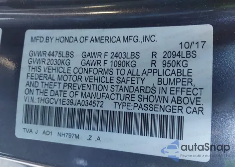 2018 Honda Accord Sport from USA, damaged, VIN 1HGCV1E39JA034572